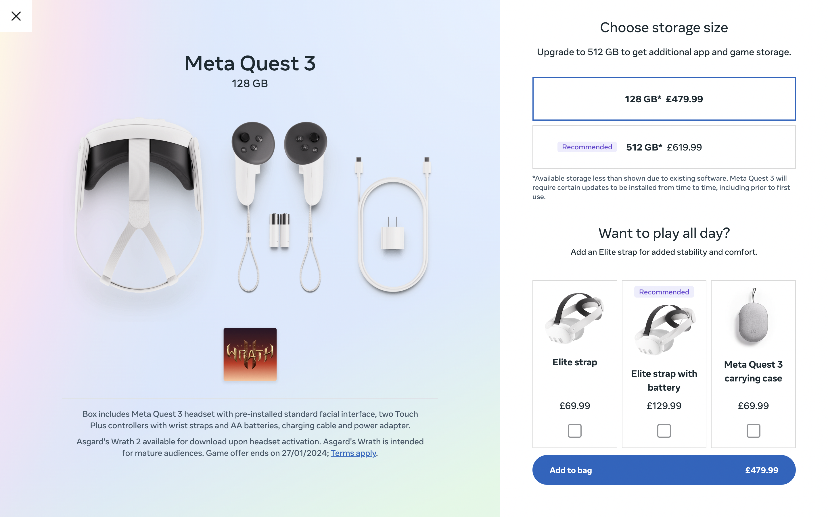 Meta Quest product page — storage and accessory selection