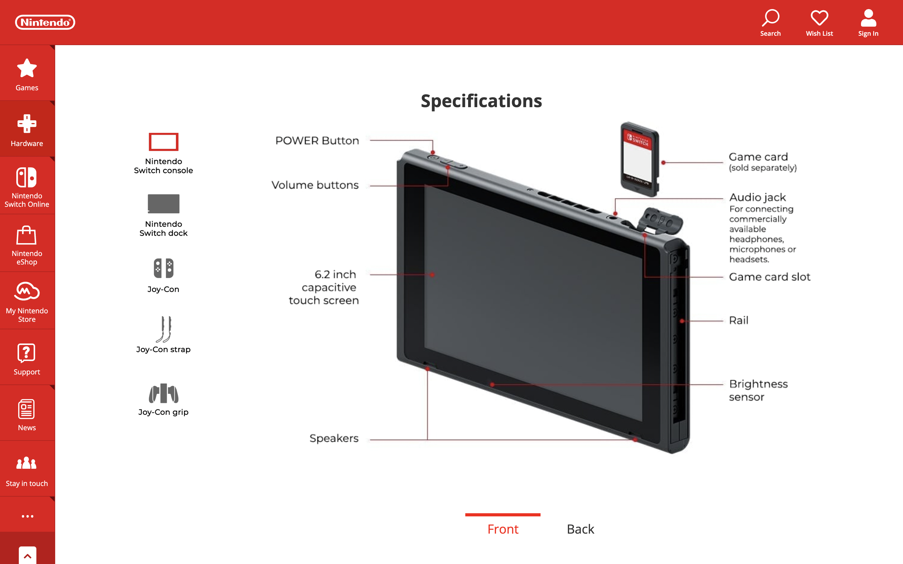 Nintendo Switch specifications page